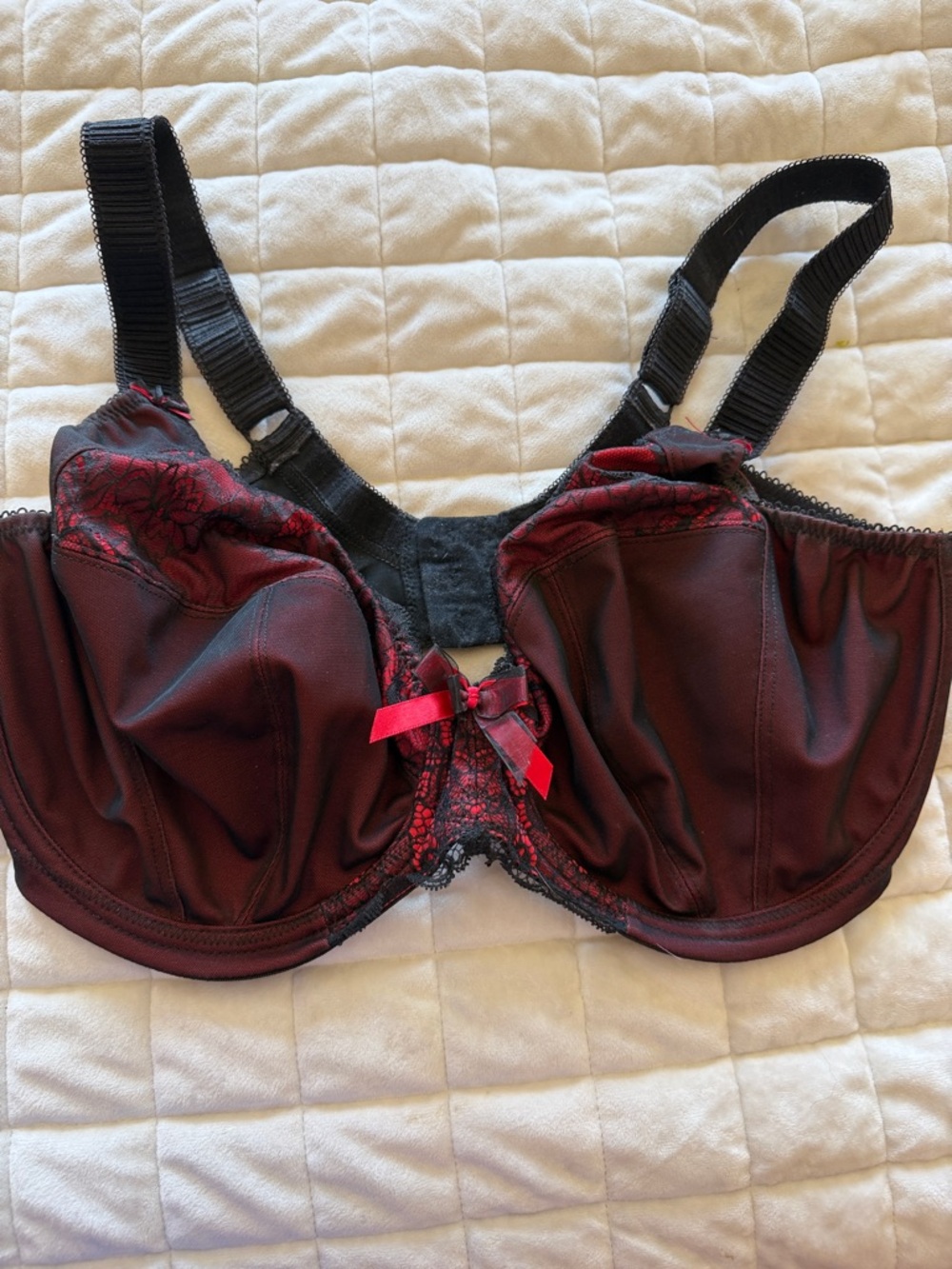 Elomi Red and Black Lace-Trim Full Cup Bra 36G with side support